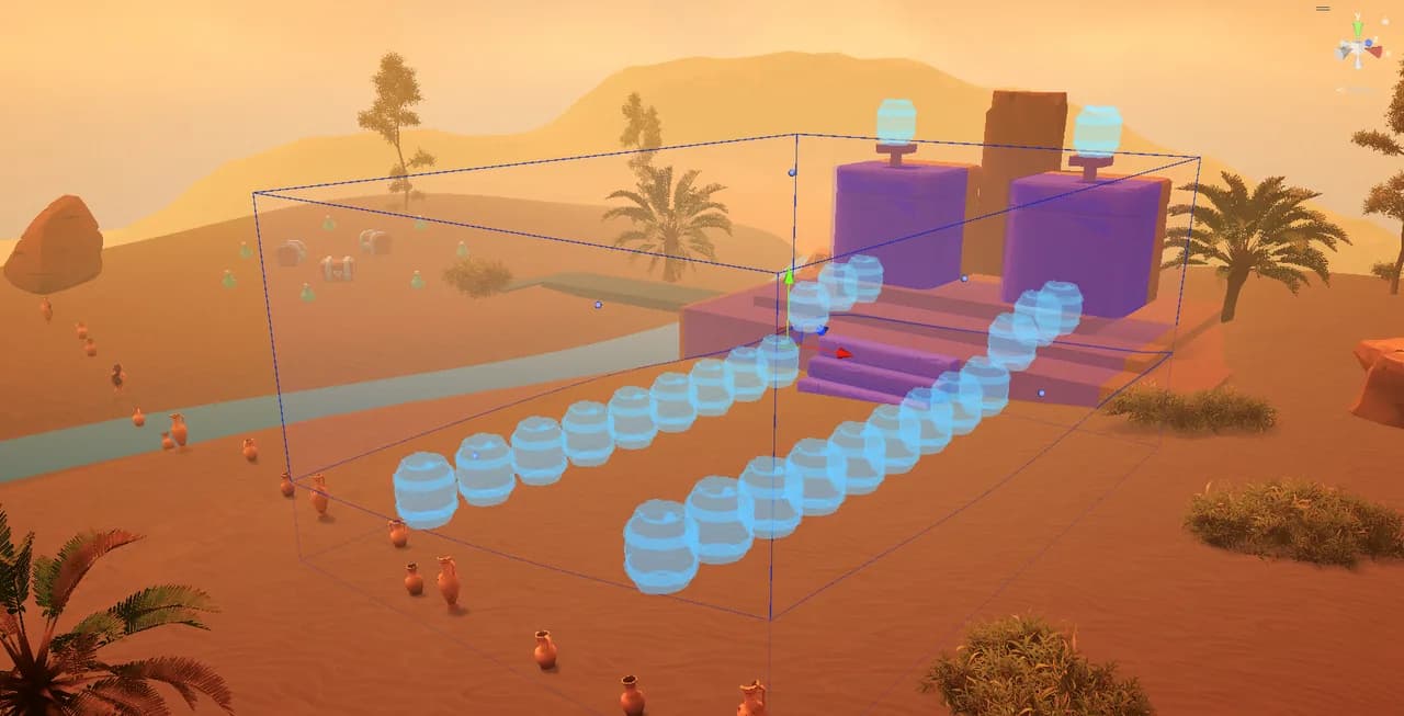 A Pattern Painter Paint Volume over desert terrain, previewing rows of jars across the ground and a raised platform